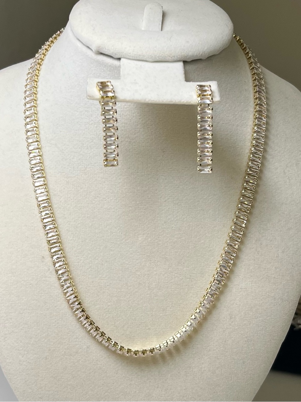 Gold Tone Baguette Stainless Steel CZ Tennis Necklace & Earrings Set